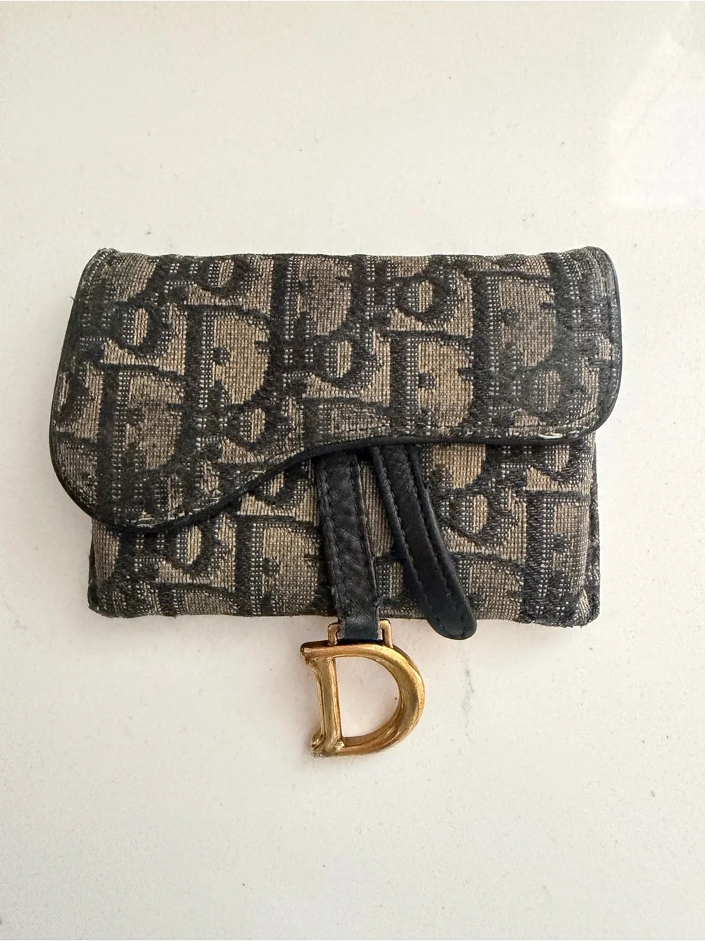 Dior Black and Beige Signature Monogram Wallet with Gold 'D' Charm